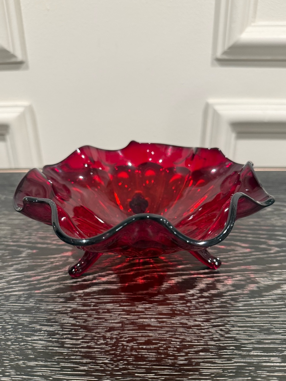 Fenton Ruby Red Glass Ruffled Footed Candy Dish